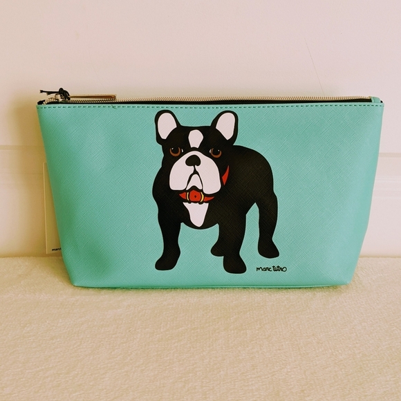 marc tetro Frenchie Large Cosmetic Case Pouch Bag PVC Saffiano Aqua NWT - Picture 2 of 11